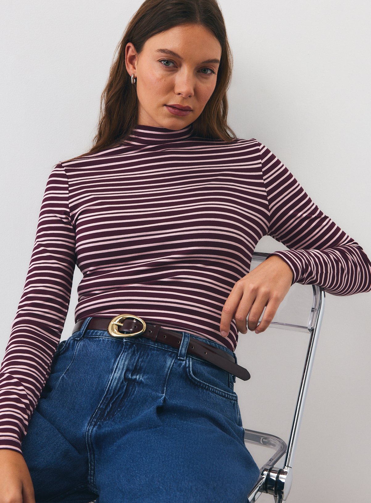 Dark Red Rib Roll Neck Stripe Top 14 - Image 1 thumbnail